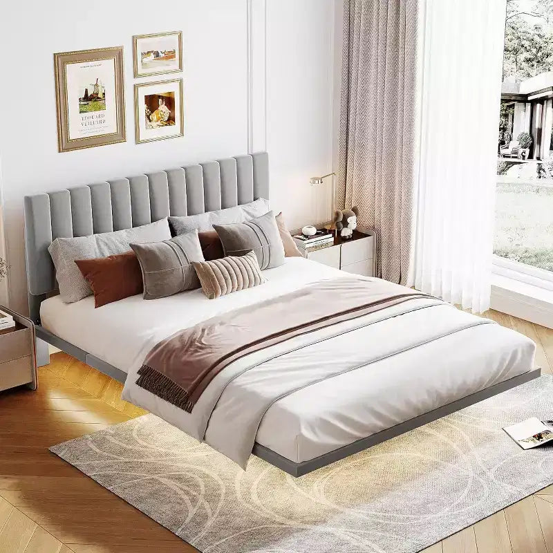 Acekool Moderno Letto Matrimoniale Queen Size Fluttuante con Luci Notturne a Sensore di Movimento, Piattaforma Imbottita, Senza Rumore, Beige