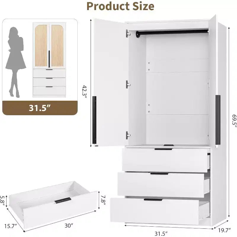 Acekool 70 Armadio con ante in rattan - Armadio a piantana con 3 cassetti e asta appendiabiti (bianco/nero/colore legno)