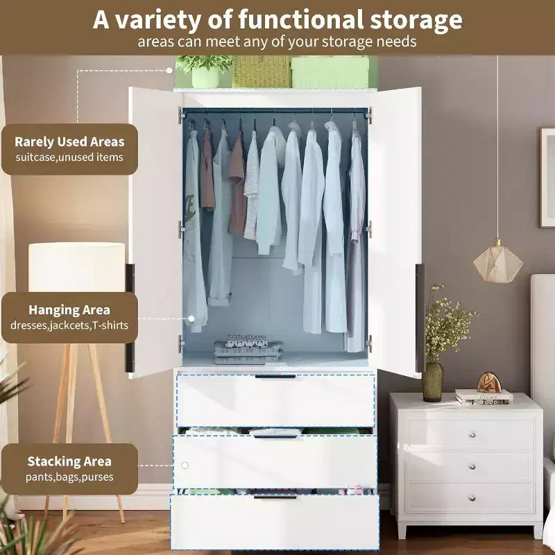 Acekool 70 Armadio con ante in rattan - Armadio a piantana con 3 cassetti e asta appendiabiti (bianco/nero/colore legno)