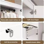 Acekool 70 Armadio con ante in rattan - Armadio a piantana con 3 cassetti e asta appendiabiti (bianco/nero/colore legno)
