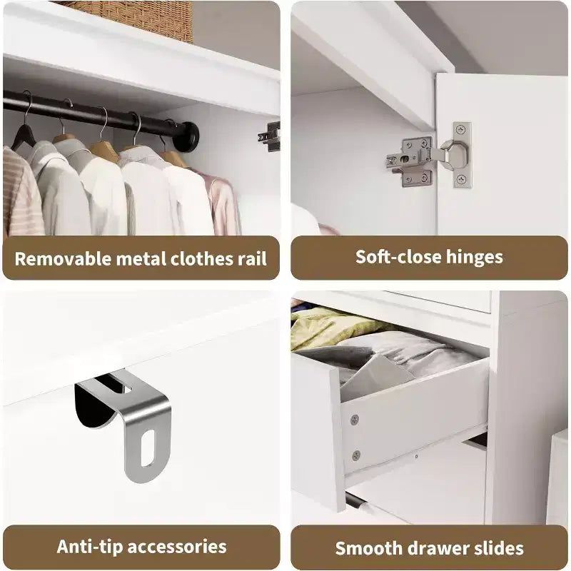 Acekool 70 Armadio con ante in rattan - Armadio a piantana con 3 cassetti e asta appendiabiti (bianco/nero/colore legno)