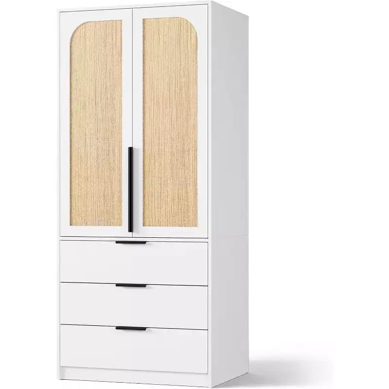 Acekool 70 Armadio con ante in rattan - Armadio a piantana con 3 cassetti e asta appendiabiti (bianco/nero/colore legno)