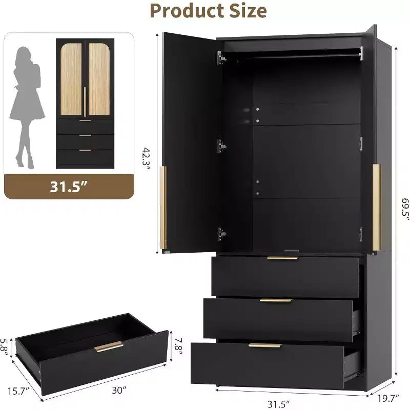 Acekool 70 Armadio con ante in rattan - Armadio a piantana con 3 cassetti e asta appendiabiti (bianco/nero/colore legno)