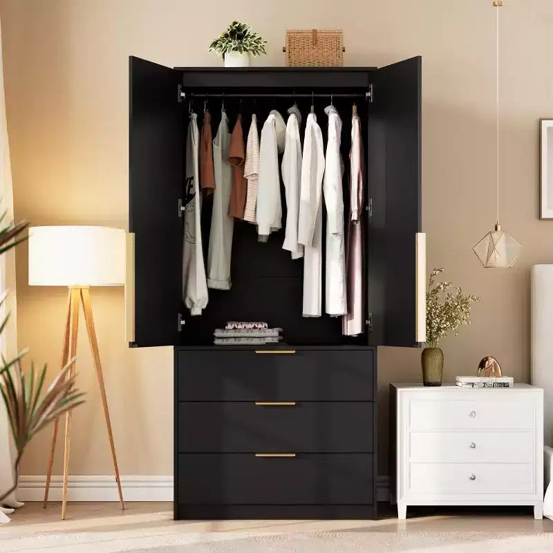Acekool 70 Armadio con ante in rattan - Armadio a piantana con 3 cassetti e asta appendiabiti (bianco/nero/colore legno)