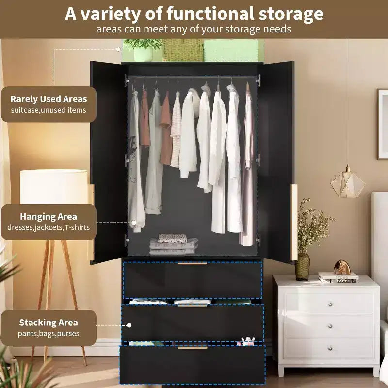 Acekool 70 Armadio con ante in rattan - Armadio a piantana con 3 cassetti e asta appendiabiti (bianco/nero/colore legno)