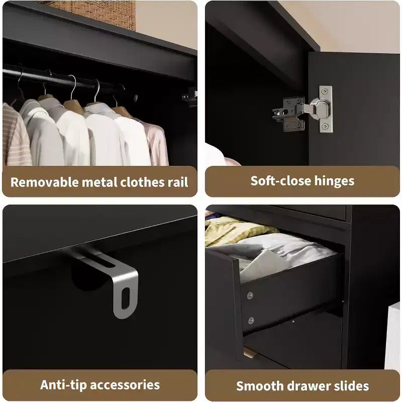 Acekool 70 Armadio con ante in rattan - Armadio a piantana con 3 cassetti e asta appendiabiti (bianco/nero/colore legno)