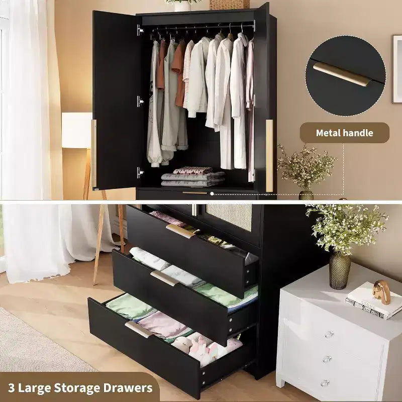 Acekool 70 Armadio con ante in rattan - Armadio a piantana con 3 cassetti e asta appendiabiti (bianco/nero/colore legno)