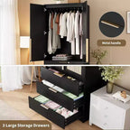 Acekool 70 Armadio con ante in rattan - Armadio a piantana con 3 cassetti e asta appendiabiti (bianco/nero/colore legno)