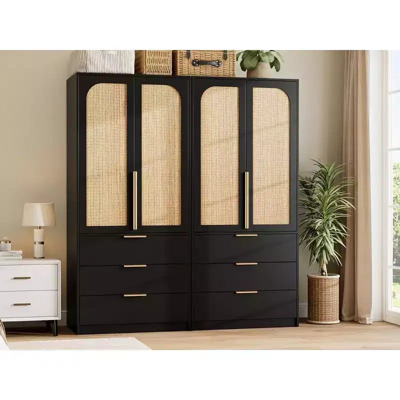 Acekool 70 Armadio con ante in rattan - Armadio a piantana con 3 cassetti e asta appendiabiti (bianco/nero/colore legno)
