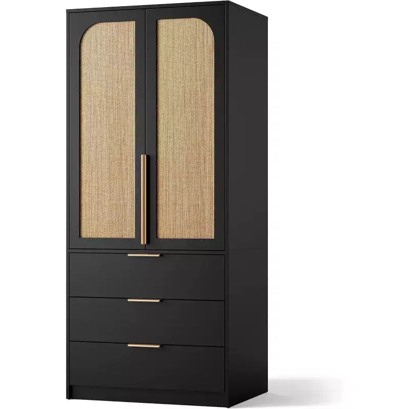 Acekool 70 Armadio con ante in rattan - Armadio a piantana con 3 cassetti e asta appendiabiti (bianco/nero/colore legno)