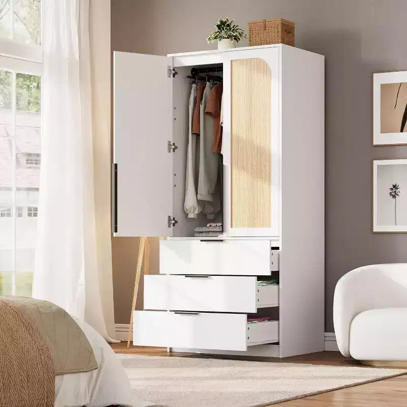 Acekool 70 Armadio con ante in rattan - Armadio a piantana con 3 cassetti e asta appendiabiti (bianco/nero/colore legno)