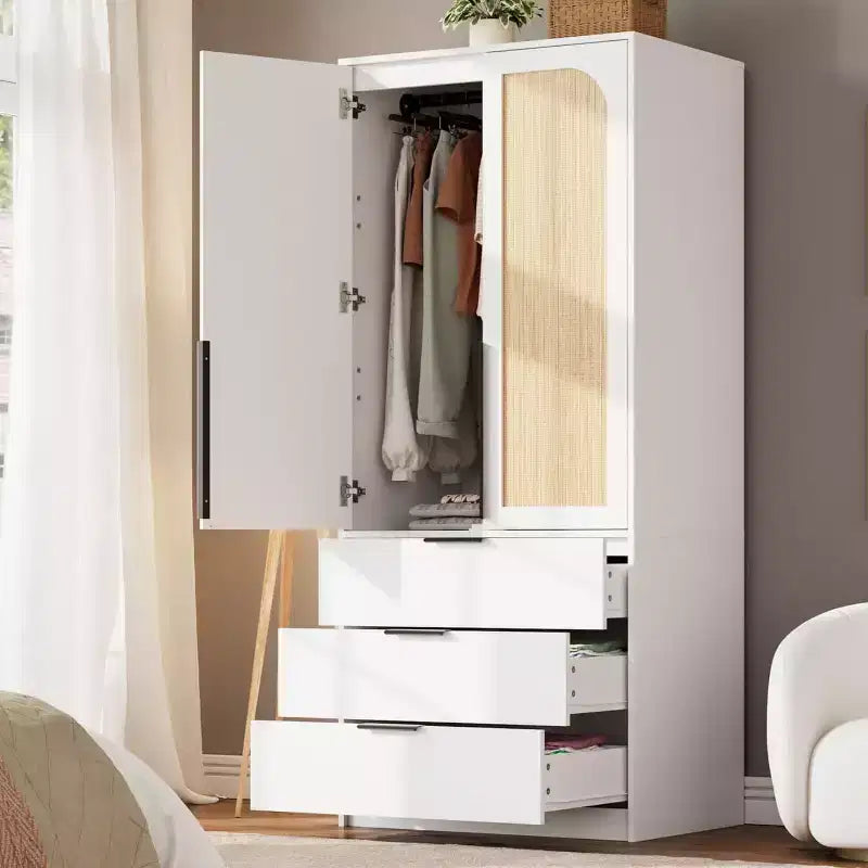 Acekool 70 Armadio con ante in rattan - Armadio a piantana con 3 cassetti e asta appendiabiti (bianco/nero/colore legno)