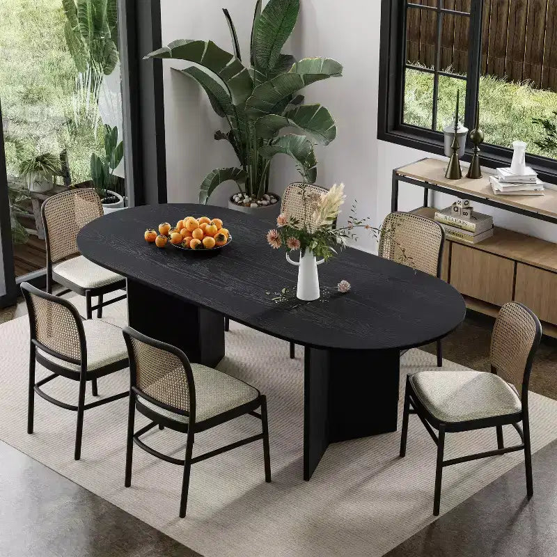 PexFix 67 x 33,5 Tavolo da pranzo in legno massello nero stile fattoria con gambe a V e piano in legno ovale per sale da pranzo moderne e riunioni di famiglia