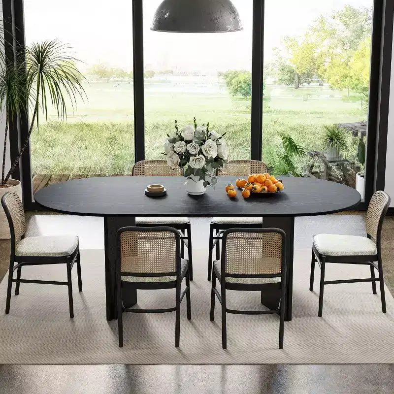 PexFix 67 x 33,5 Tavolo da pranzo in legno massello nero stile fattoria con gambe a V e piano in legno ovale per sale da pranzo moderne e riunioni di famiglia