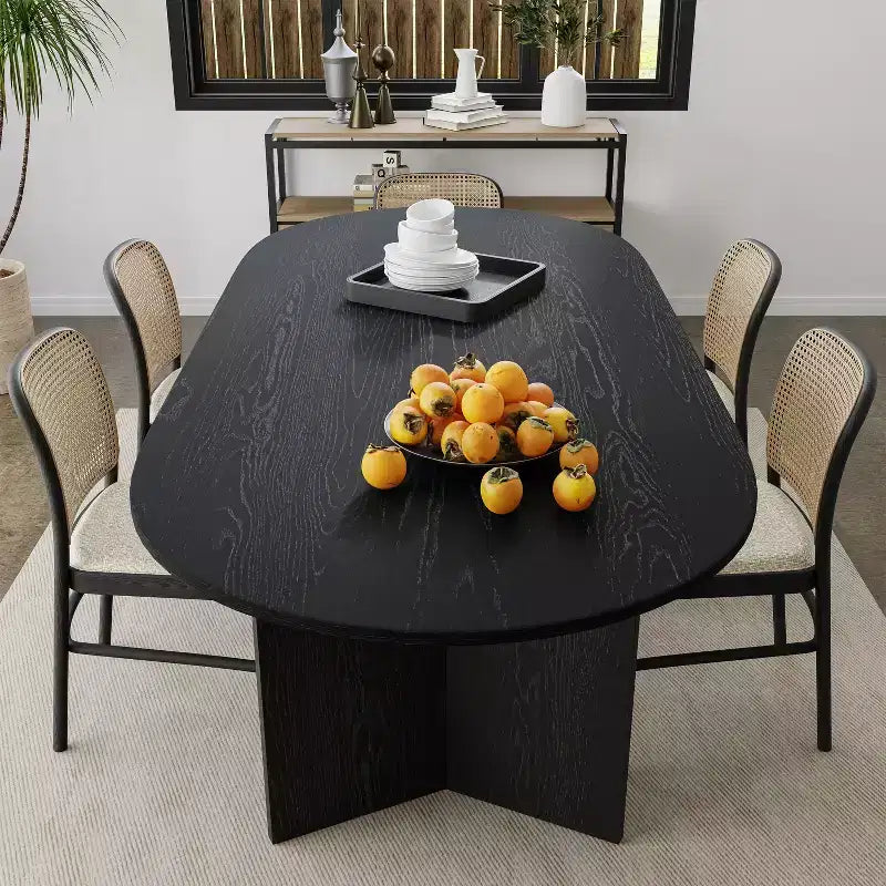 PexFix 67 x 33,5 Tavolo da pranzo in legno massello nero stile fattoria con gambe a V e piano in legno ovale per sale da pranzo moderne e riunioni di famiglia
