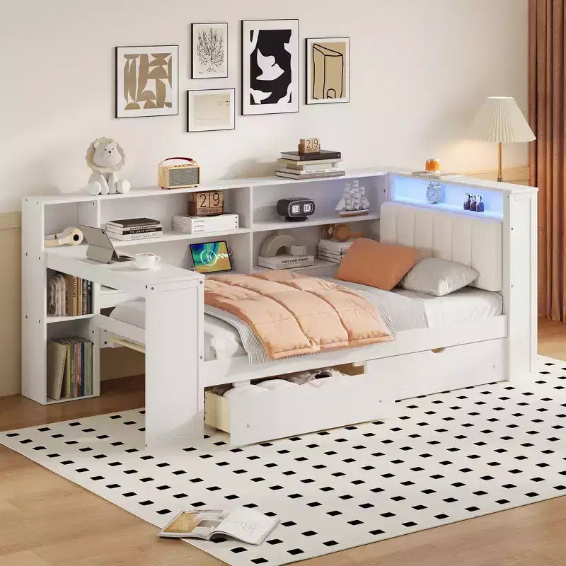 Whisen Letto a Piattaforma Matrimoniale con Ripiani Contenitori, Cassetti, Stazione di Ricarica, LED, Scrivania e Testiera