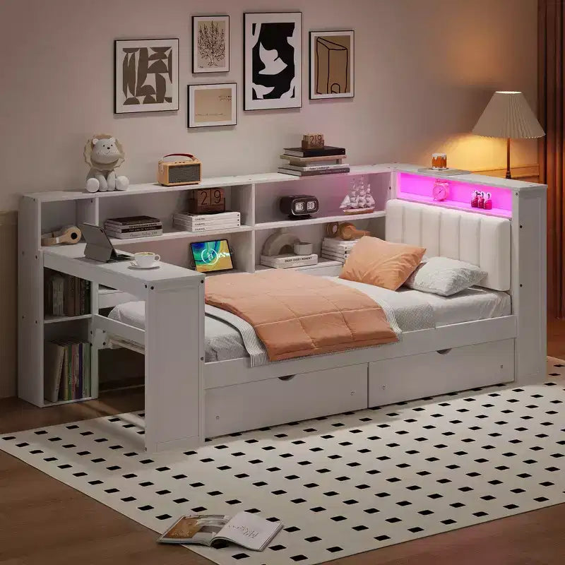 Whisen Letto a Piattaforma Matrimoniale con Ripiani Contenitori, Cassetti, Stazione di Ricarica, LED, Scrivania e Testiera