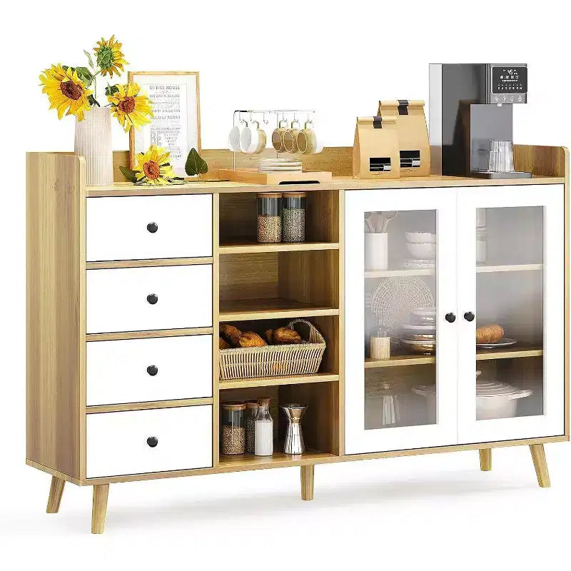 Madia da credenza in stile rustico con ripiani aperti e 4 cassetti, mobile contenitore grande da 140 cm con ante in vetro e ripiani regolabili