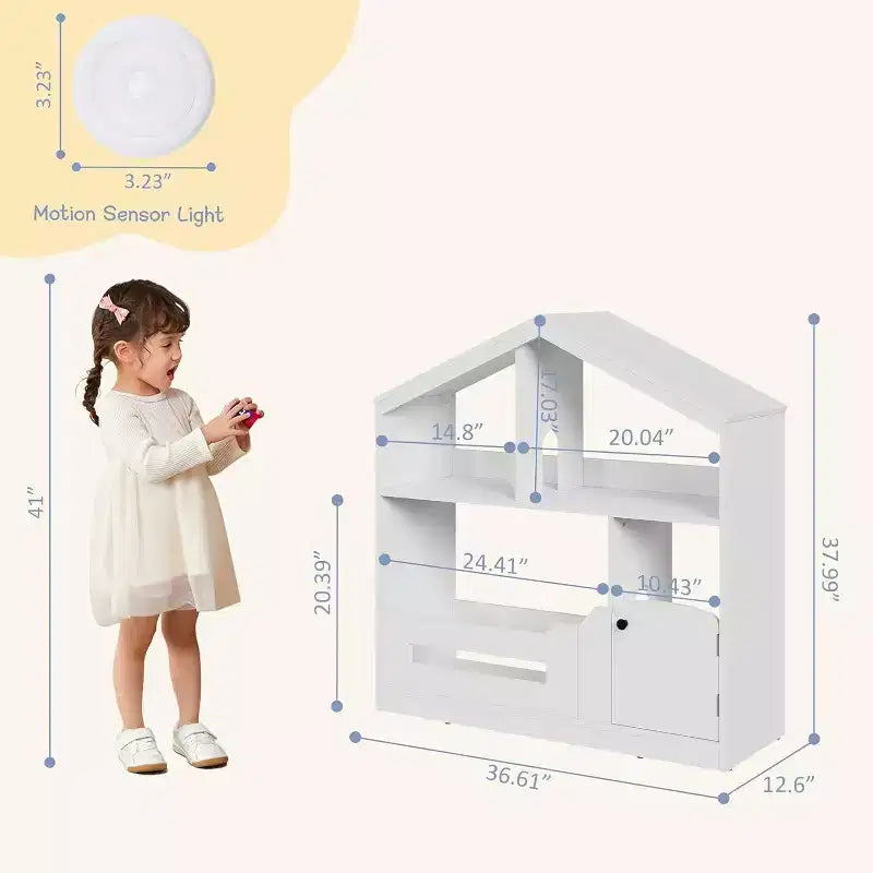 Libreria a 2 ripiani per bambini Acekool, organizer per libri e giocattoli a forma di casetta con luce con sensore di movimento, scaffale in legno per camera da letto o sala giochi