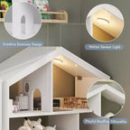 Libreria a 2 ripiani per bambini Acekool, organizer per libri e giocattoli a forma di casetta con luce con sensore di movimento, scaffale in legno per camera da letto o sala giochi