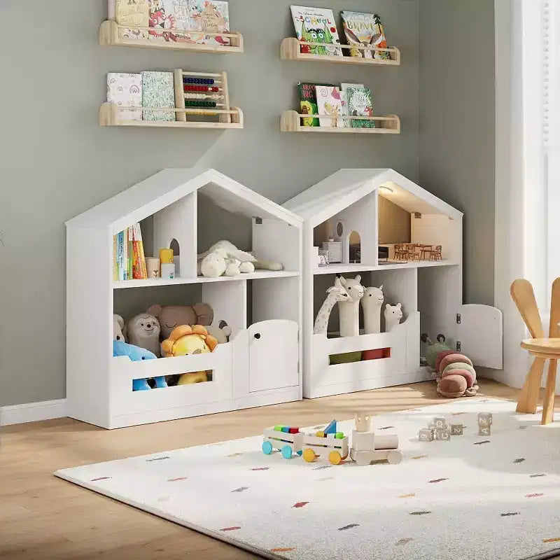 Libreria a 2 ripiani per bambini Acekool, organizer per libri e giocattoli a forma di casetta con luce con sensore di movimento, scaffale in legno per camera da letto o sala giochi