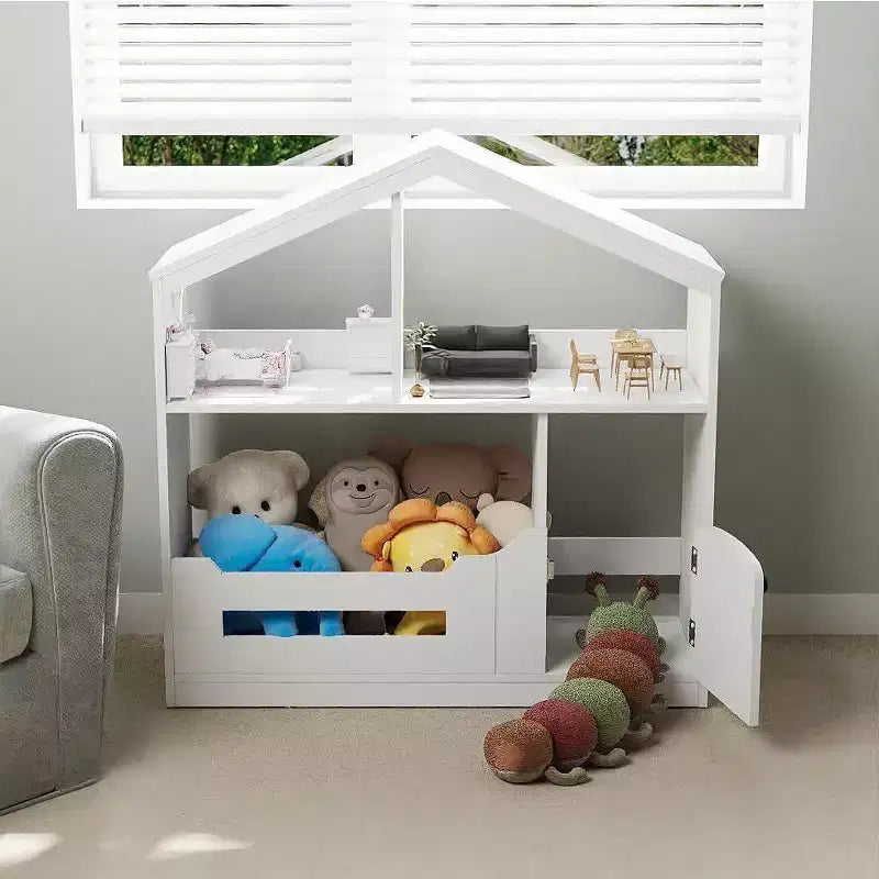 Libreria a 2 ripiani per bambini Acekool, organizer per libri e giocattoli a forma di casetta con luce con sensore di movimento, scaffale in legno per camera da letto o sala giochi