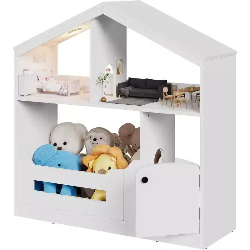 Libreria a 2 ripiani per bambini Acekool, organizer per libri e giocattoli a forma di casetta con luce con sensore di movimento, scaffale in legno per camera da letto o sala giochi