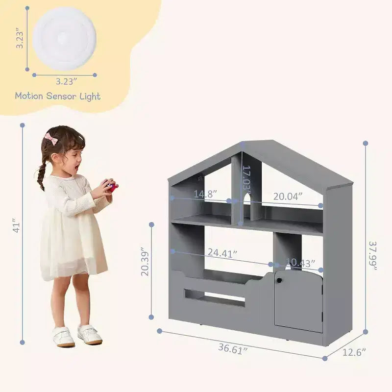 Libreria a 2 ripiani per bambini Acekool, organizer per libri e giocattoli a forma di casetta con luce con sensore di movimento, scaffale in legno per camera da letto o sala giochi