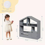 Libreria a 2 ripiani per bambini Acekool, organizer per libri e giocattoli a forma di casetta con luce con sensore di movimento, scaffale in legno per camera da letto o sala giochi