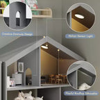 Libreria a 2 ripiani per bambini Acekool, organizer per libri e giocattoli a forma di casetta con luce con sensore di movimento, scaffale in legno per camera da letto o sala giochi
