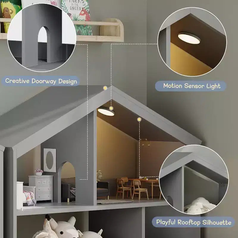 Libreria a 2 ripiani per bambini Acekool, organizer per libri e giocattoli a forma di casetta con luce con sensore di movimento, scaffale in legno per camera da letto o sala giochi