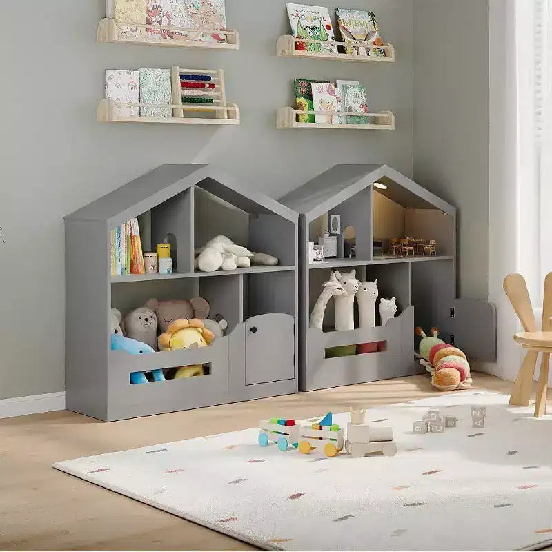 Libreria a 2 ripiani per bambini Acekool, organizer per libri e giocattoli a forma di casetta con luce con sensore di movimento, scaffale in legno per camera da letto o sala giochi