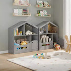Libreria a 2 ripiani per bambini Acekool, organizer per libri e giocattoli a forma di casetta con luce con sensore di movimento, scaffale in legno per camera da letto o sala giochi