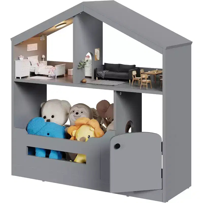 Libreria a 2 ripiani per bambini Acekool, organizer per libri e giocattoli a forma di casetta con luce con sensore di movimento, scaffale in legno per camera da letto o sala giochi