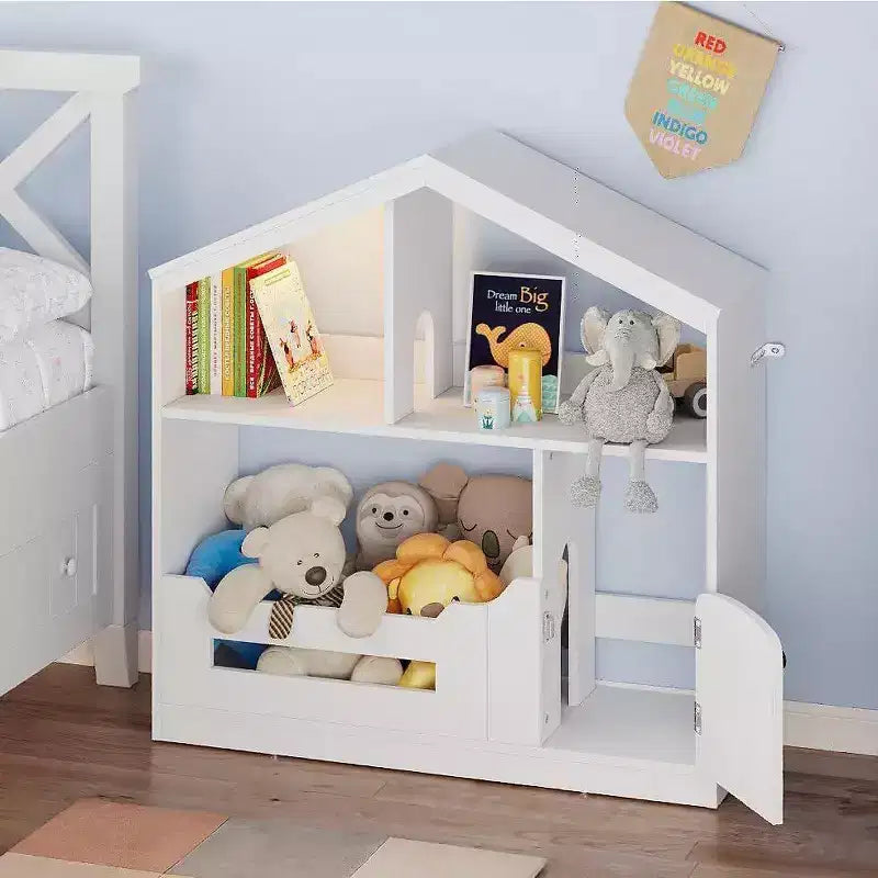 Libreria a 2 ripiani per bambini Acekool, organizer per libri e giocattoli a forma di casetta con luce con sensore di movimento, scaffale in legno per camera da letto o sala giochi
