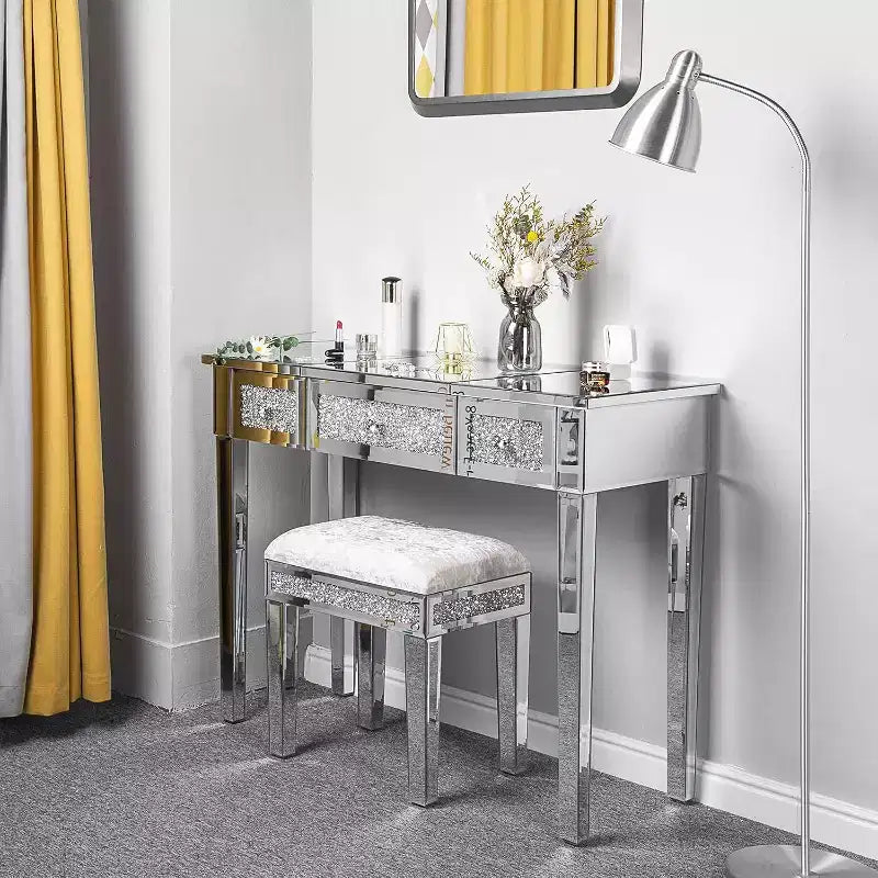 VINGLI Scrivania specchiata con cassetti e specchio a ribalta, tavolo in vetro, scrivania trucco argentata per camera da letto/sala trucco