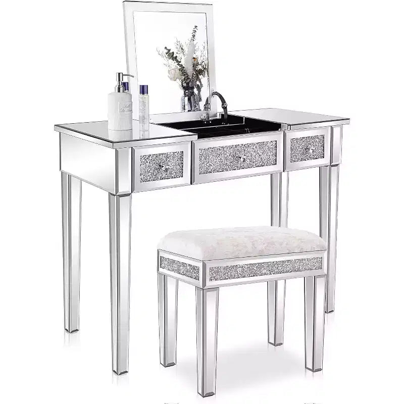 VINGLI Scrivania specchiata con cassetti e specchio a ribalta, tavolo in vetro, scrivania trucco argentata per camera da letto/sala trucco