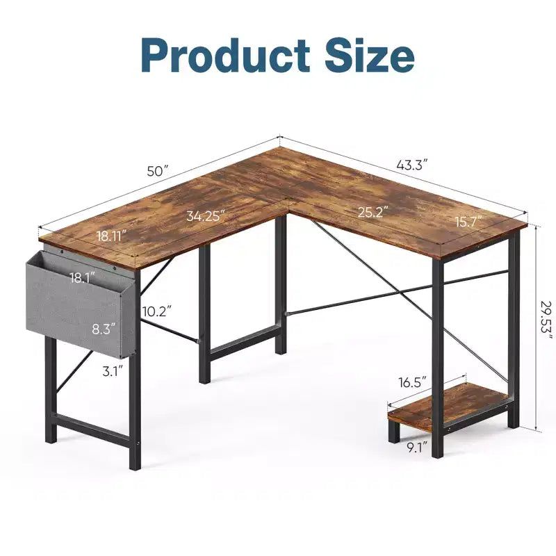 Scrivania angolare a L con ripiano porta PC e tasca laterale, 127 cm, per gaming, ufficio, scrittura, con struttura in metallo - 127 x 110 x 75 cm (rustico)