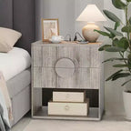 Fluted Charging Nightstand | 2 Drawers + Open Shelf | Modern Bedside Table for Bedroom (Wood Tone, 2pcs)