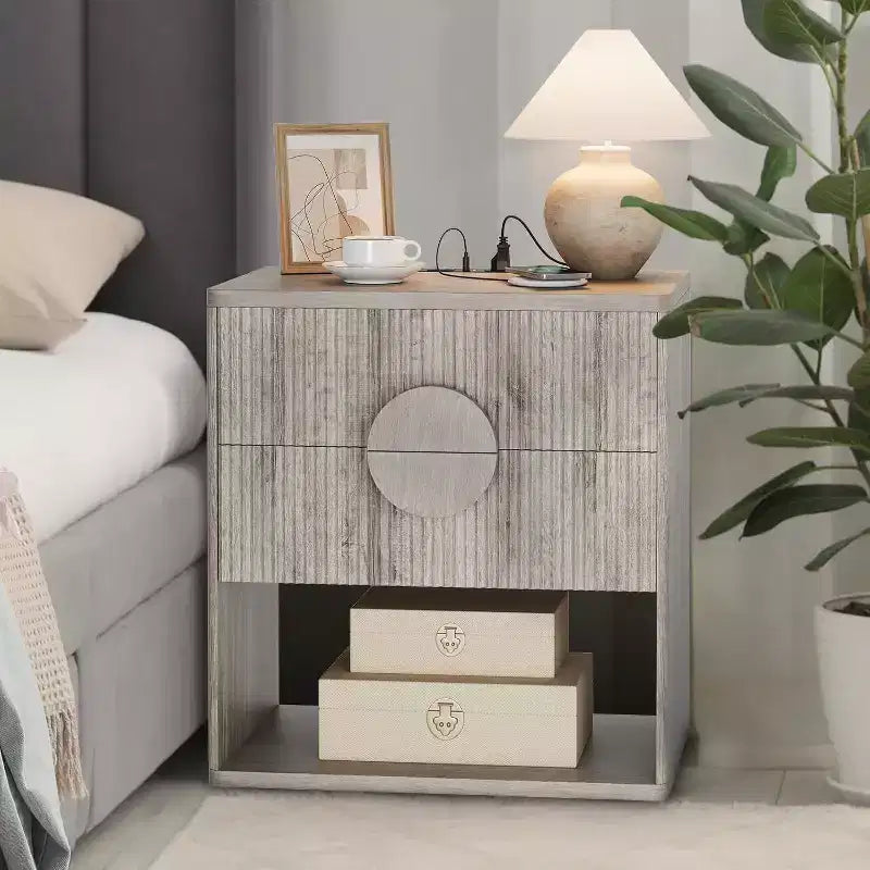 Fluted Charging Nightstand | 2 Drawers + Open Shelf | Modern Bedside Table for Bedroom (Wood Tone, 2pcs)