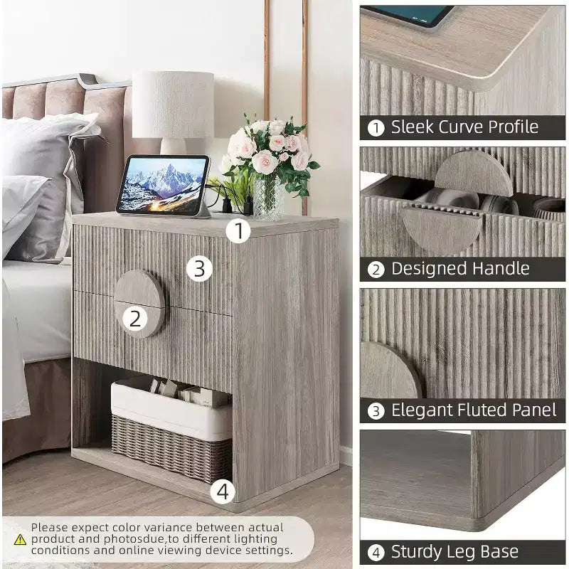 Comodino con ricarica scanalato | 2 cassetti + ripiano aperto | Tavolino moderno per camera da letto (Tonalità Legno, 2 pz)