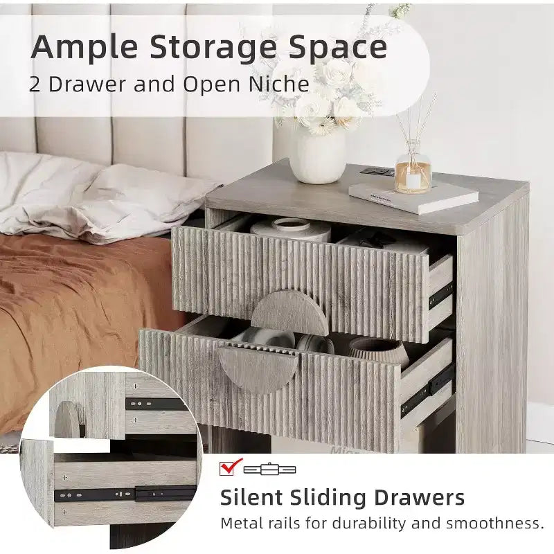 Comodino con ricarica scanalato | 2 cassetti + ripiano aperto | Tavolino moderno per camera da letto (Tonalità Legno, 2 pz)