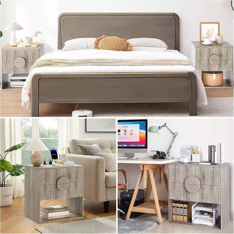 Comodino con ricarica scanalato | 2 cassetti + ripiano aperto | Tavolino moderno per camera da letto (Tonalità Legno, 2 pz)