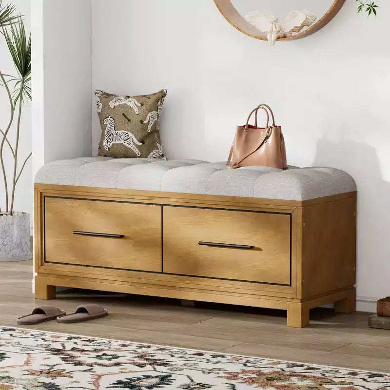 TUYOHW Shoe Bench with Removable Cushion, Entryway Bench with Hidden Storage for Living Room, Entryway and Hallways, Natural
