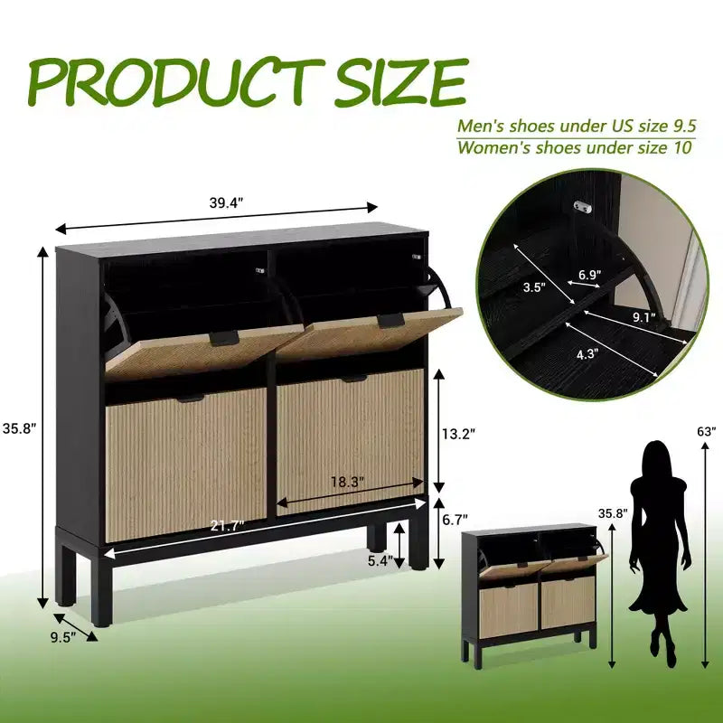 GustoWave Armadietto portascarpe a quattro ante a ribalta, stretto, in legno, con gambe in metallo, moderno mobiletto portascarpe nascosto in stile rustico