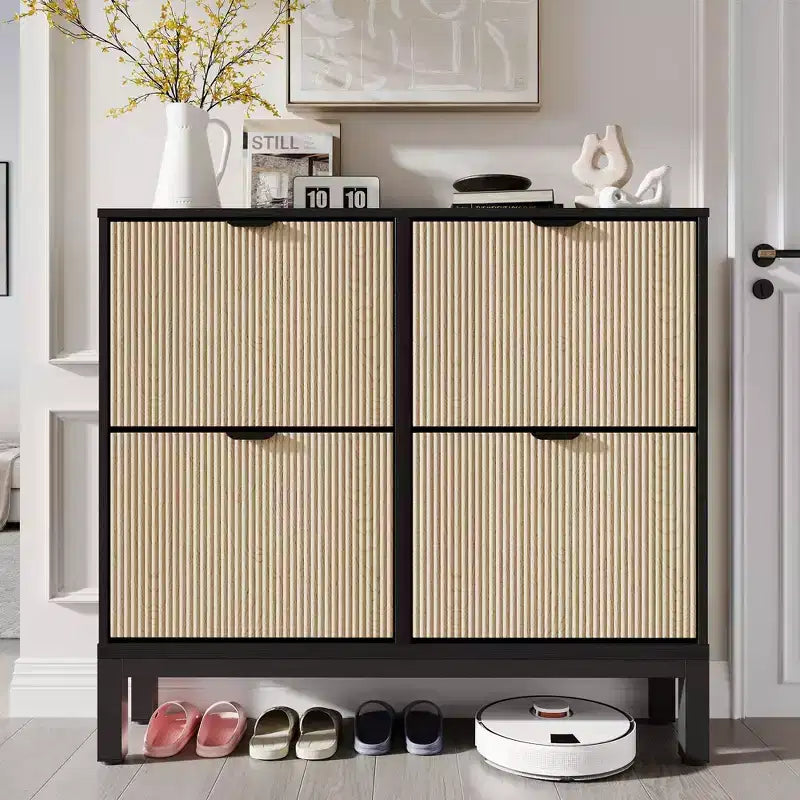 GustoWave Armadietto portascarpe a quattro ante a ribalta, stretto, in legno, con gambe in metallo, moderno mobiletto portascarpe nascosto in stile rustico