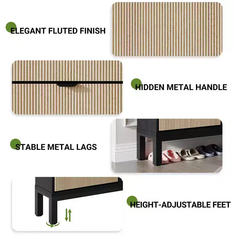 GustoWave Armadietto portascarpe a quattro ante a ribalta, stretto, in legno, con gambe in metallo, moderno mobiletto portascarpe nascosto in stile rustico