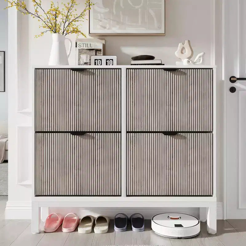 GustoWave Armadietto portascarpe a quattro ante a ribalta, stretto, in legno, con gambe in metallo, moderno mobiletto portascarpe nascosto in stile rustico