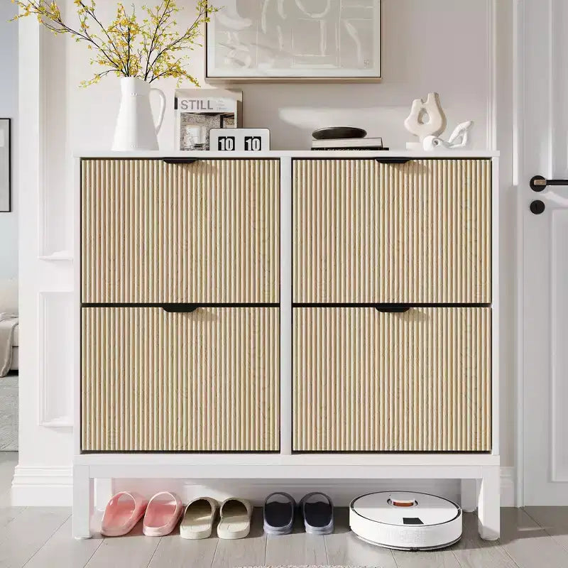 GustoWave Armadietto portascarpe a quattro ante a ribalta, stretto, in legno, con gambe in metallo, moderno mobiletto portascarpe nascosto in stile rustico