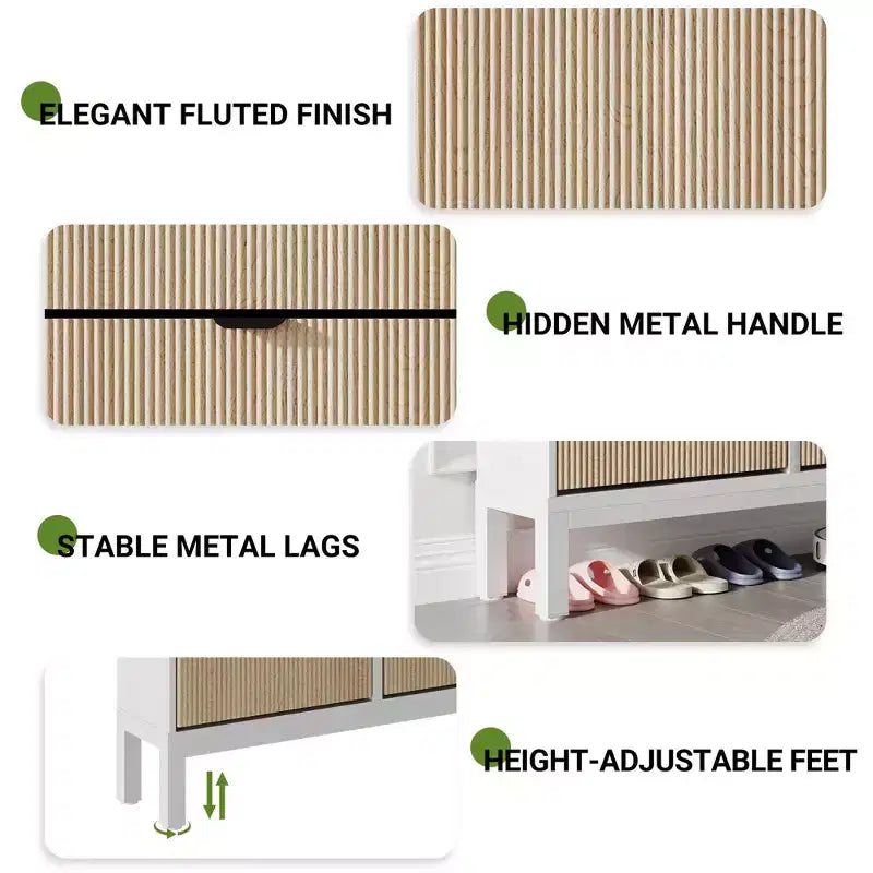 GustoWave Armadietto portascarpe a quattro ante a ribalta, stretto, in legno, con gambe in metallo, moderno mobiletto portascarpe nascosto in stile rustico